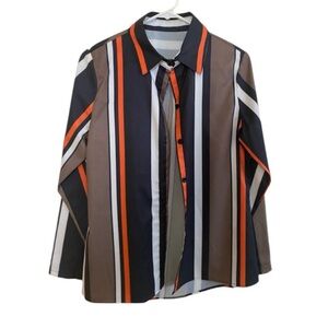 Women’s large brown and black button down striped blouse. Vintage retro themed